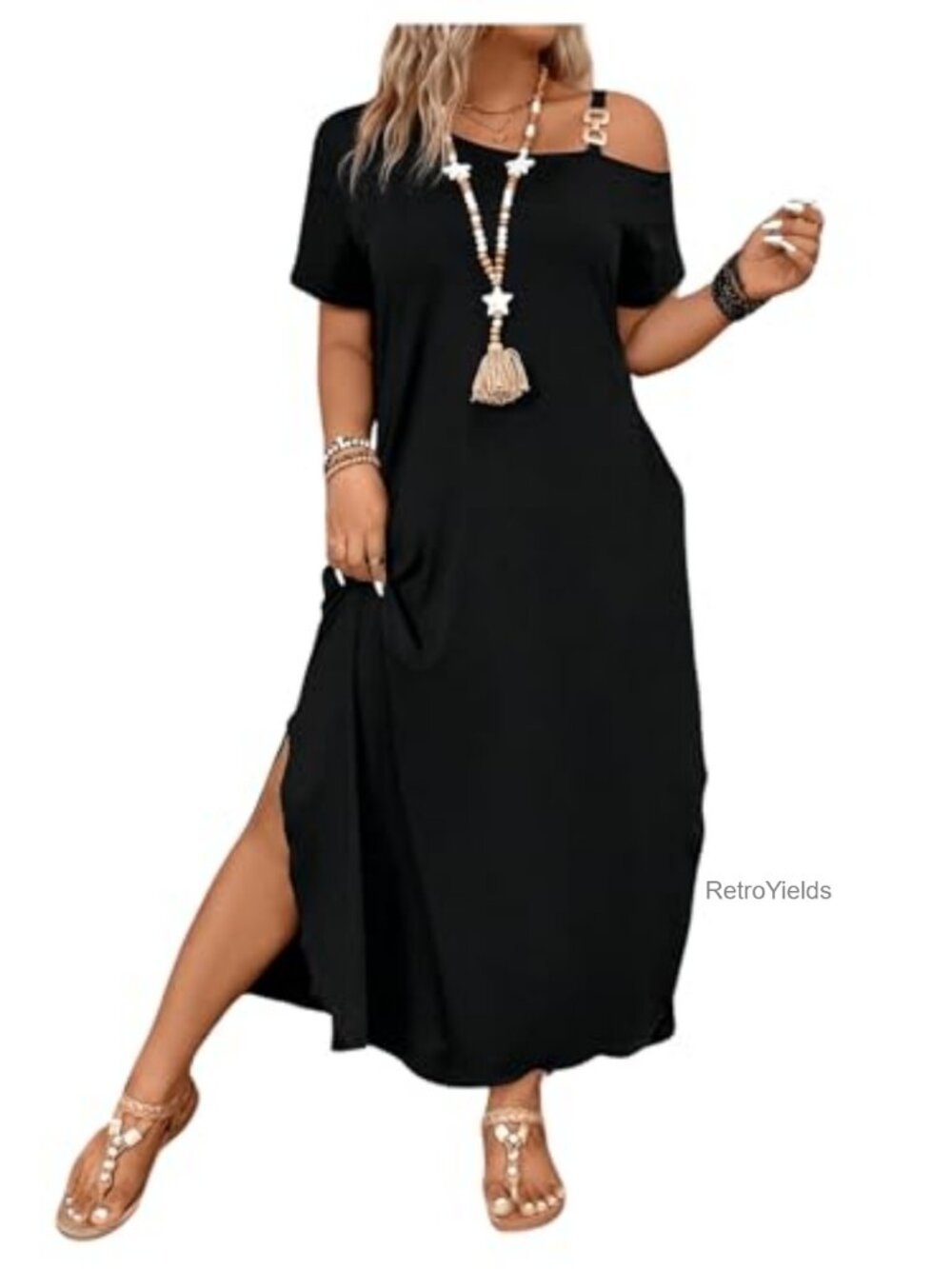 Plus Size Cold Shoulder Split Hem Maxi Dress Short Sleeve Loose Fit